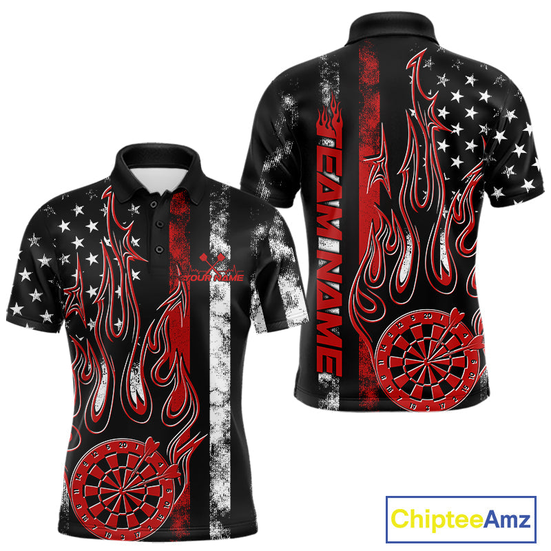 Custom Red Thin Line US Flag Patriotic Flame Dartboard Dart Men Polo Shirts, Dart Jerseys IPHW9639