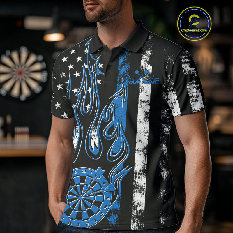 Custom Blue Thin Line US Flag Patriotic Flame Dartboard Dart Men Polo Shirts, Dart Jerseys IPHW9640