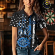 Load image into Gallery viewer, Custom Blue Thin Line US Flag Patriotic Flame Dartboard Women Polo Shirt, Dart Jersey IPHW9640