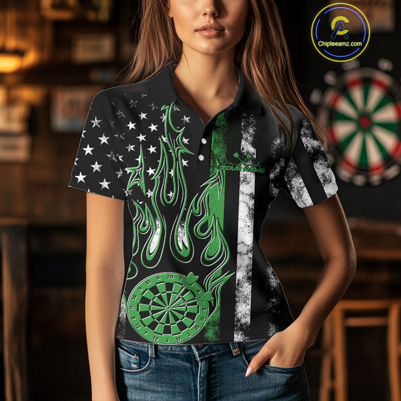 Custom Green Thin Line US Flag Patriotic Flame Dartboard Women Polo Shirt, Dart Jersey IPHW9641