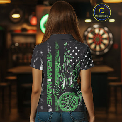 Custom Green Thin Line US Flag Patriotic Flame Dartboard Women Polo Shirt, Dart Jersey IPHW9641