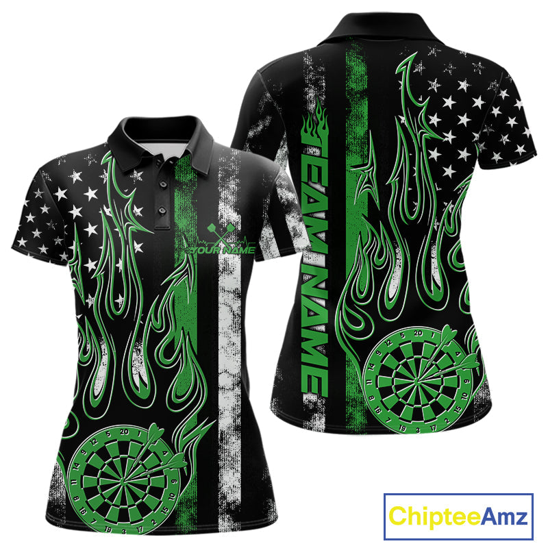 Custom Green Thin Line US Flag Patriotic Flame Dartboard Women Polo Shirt, Dart Jersey IPHW9641