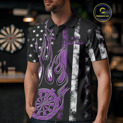 Custom Purple Thin Line US Flag Patriotic Flame Dartboard Dart Men Polo Shirts, Dart Jersey IPHW9642
