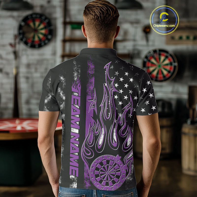 Custom Purple Thin Line US Flag Patriotic Flame Dartboard Dart Men Polo Shirts, Dart Jersey IPHW9642