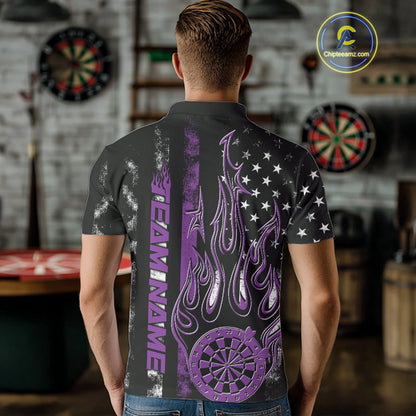 Custom Purple Thin Line US Flag Patriotic Flame Dartboard Dart Men Polo Shirts, Dart Jersey IPHW9642