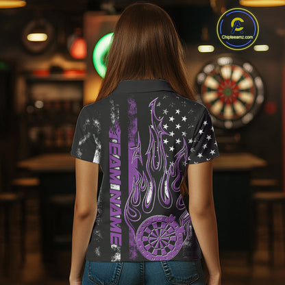 Custom Purple Thin Line US Flag Patriotic Flame Dartboard Women Polo Shirt, Dart Jersey IPHW9642