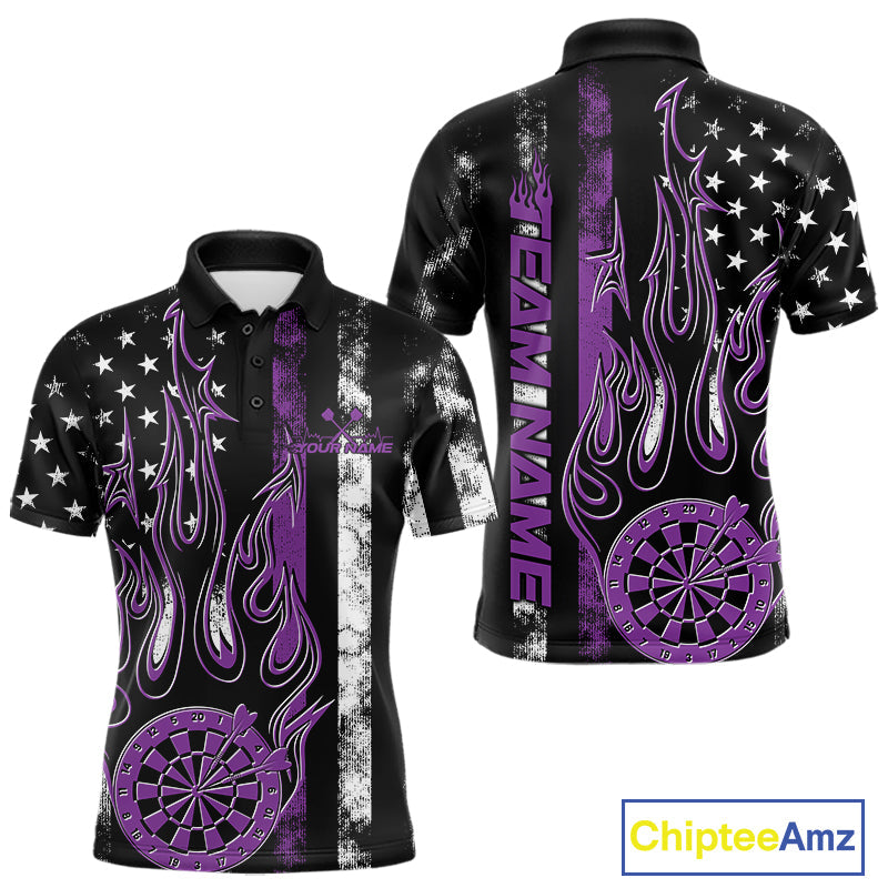 Custom Purple Thin Line US Flag Patriotic Flame Dartboard Dart Men Polo Shirts, Dart Jersey IPHW9642