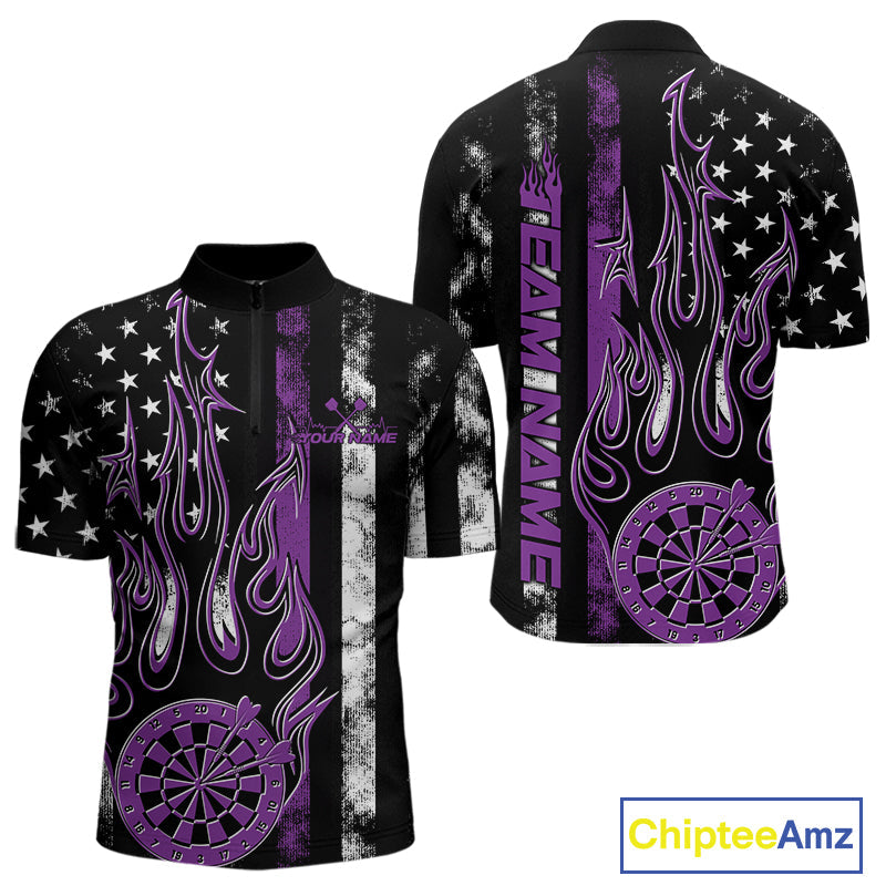 Custom Purple Thin Line US Flag Patriotic Flame Dartboard Dart Men Quarter-Zip Shirt, Dart Jersey IPHW9642