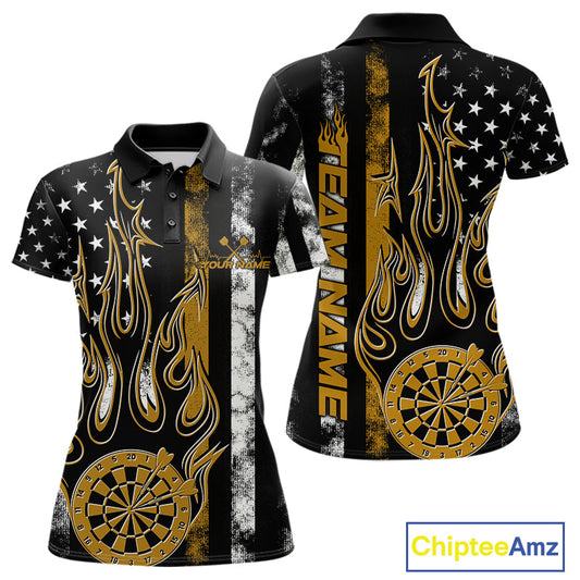 Custom Yellow Thin Line US Flag Patriotic Flame Dartboard Women Polo Shirt, Dart Jersey IPHW9643