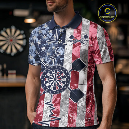 Custom US Flag Patriotic Dart Pulse Line Polo Shirts For Men, Dart Team Shirt IPHW9649