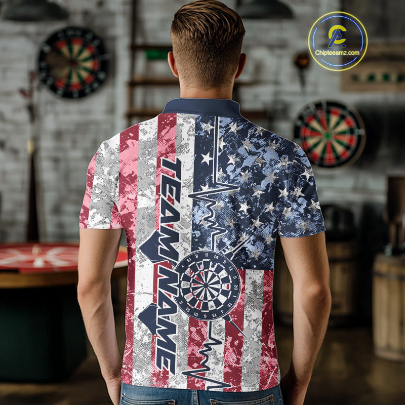 Custom US Flag Patriotic Dart Pulse Line Polo Shirts For Men, Dart Team Shirt IPHW9649