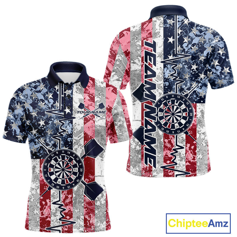 Custom US Flag Patriotic Dart Pulse Line Polo Shirts For Men, Dart Team Shirt IPHW9649