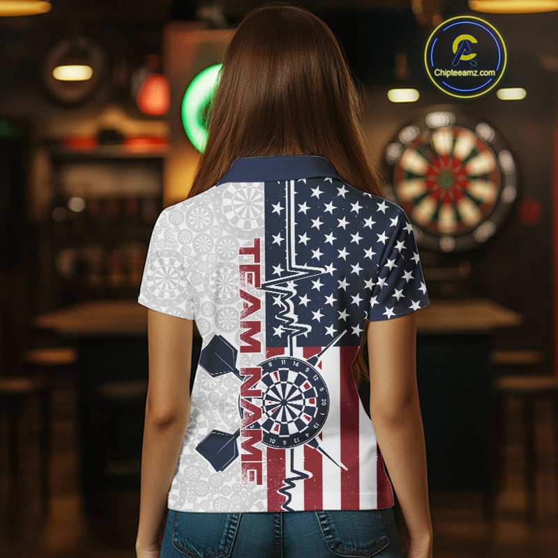 Custom US Flag Patriotic Dart Pulse Line Polo Shirts For Women, Dart Team Shirt IPHW9650