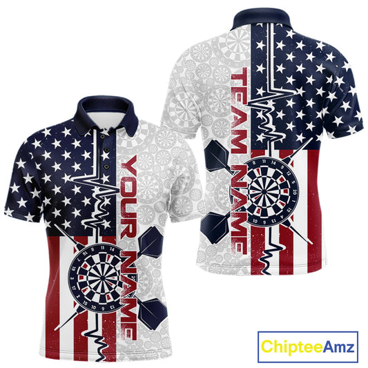 Custom US Flag Patriotic Dart Pulse Line Polo Shirts For Men, Dart Team Shirt IPHW9650