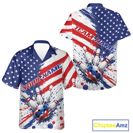 Front and back views of a short-sleeve bowling button up shirt with a red, white, and blue patriotic design featuring stars, stripes, bowling pins, and a bowling ball, with 'YOUR NAME' text on the front.