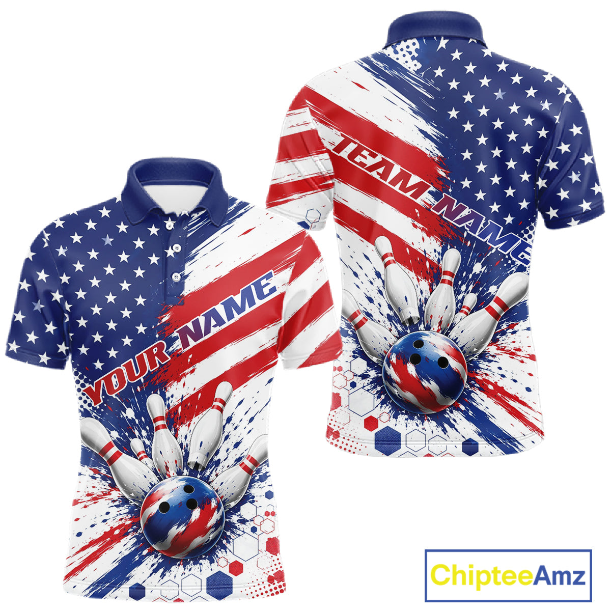 Front and back views of a short-sleeve polo shirt with an all-over patriotic bowling theme. The design features a blue field with white stars on the upper body, diagonal red and white brushstroke stripes across the chest, a bowling ball and pins graphic near the hem, and 'TEAM NAME' and 'YOUR NAME' text placeholders.