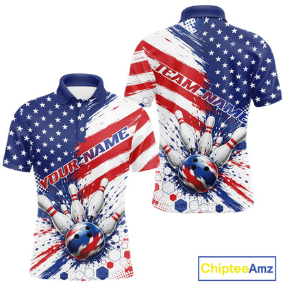 Front and back views of a short-sleeve polo shirt with an all-over patriotic bowling theme. The design features a blue field with white stars on the upper body, diagonal red and white brushstroke stripes across the chest, a bowling ball and pins graphic near the hem, and 'TEAM NAME' and 'YOUR NAME' text placeholders.