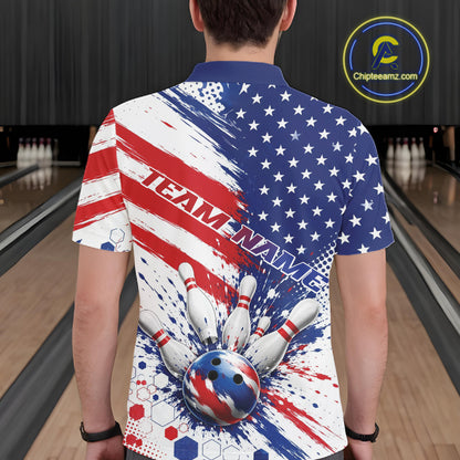 A man viewed from behind wearing a short-sleeve bowling-themed polo shirt with a patriotic American flag design, stars, red and white brush strokes, and bowling pins and ball graphic on the back. The shirt has 'TEAM NAME' printed on the back.