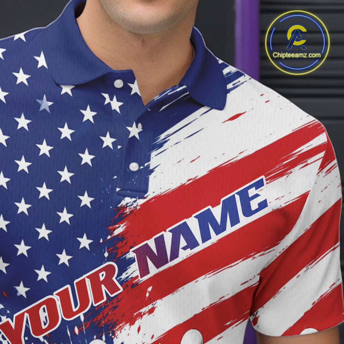 A close-up of a bowling polo shirt featuring an American flag-inspired design with white stars on a blue field and red-and-white brushstroke stripes. The shirt includes customizable text reading 'YOUR NAME' and 'NAME YOUR TEAM,' with a visible Chipteamz logo.