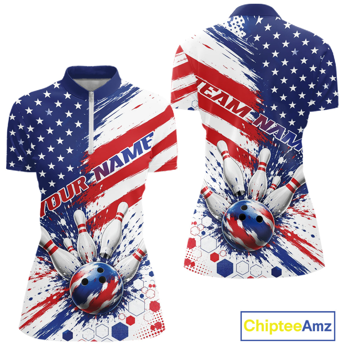 Front and back views of a women's short-sleeve bowling quarter zip shirt featuring a patriotic American flag design with red, white, and blue paint splatters, stars, and a bowling ball graphic. 