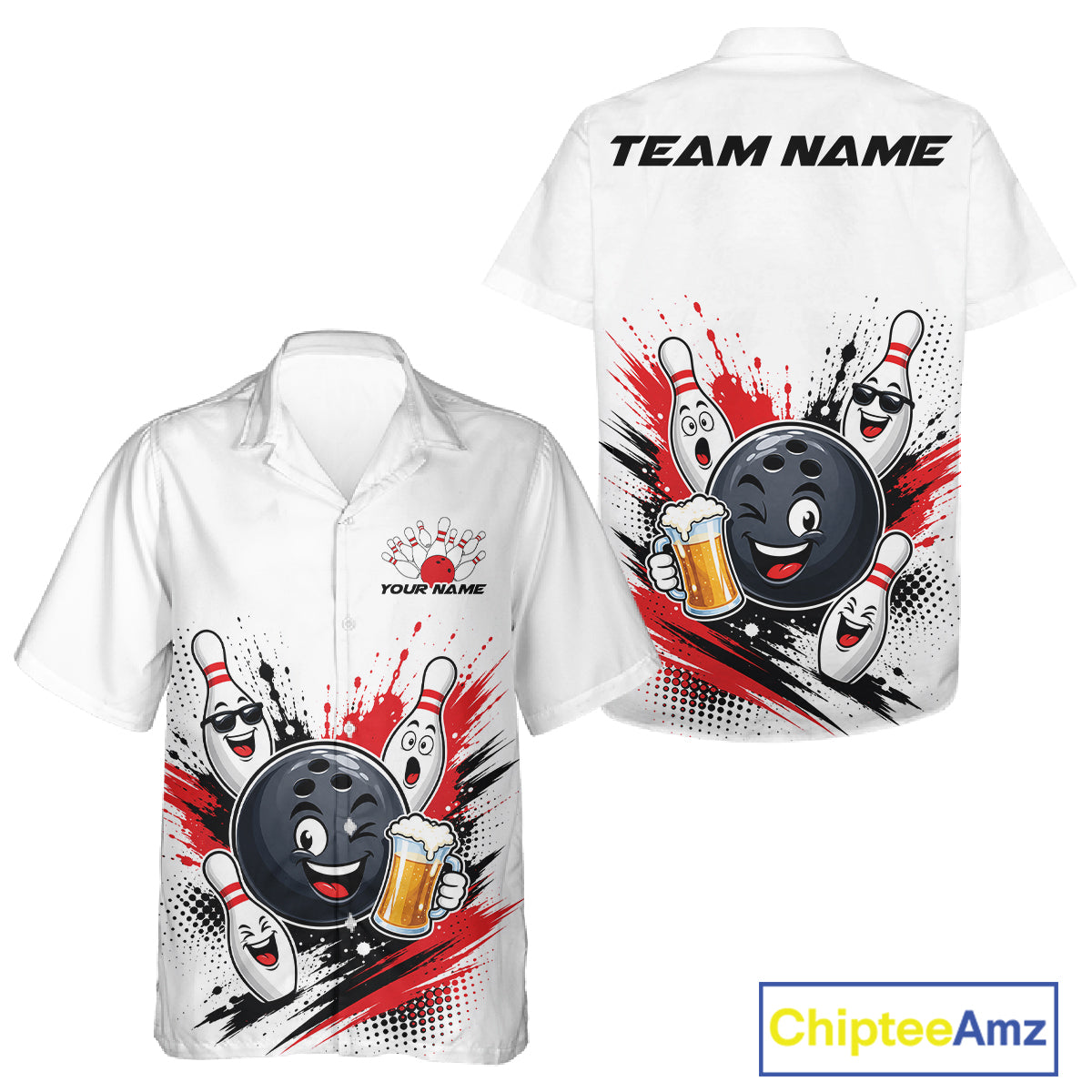 White short-sleeve button-up shirt shown from the front and back, featuring a bowling-themed graphic with a cartoon bowling ball, bowling pins, beer mugs, and customizable text areas including 'TEAM NAME' on the back and 'YOUR NAME' on the front. A 'ChipteeAmz' logo appears in the bottom right corner.