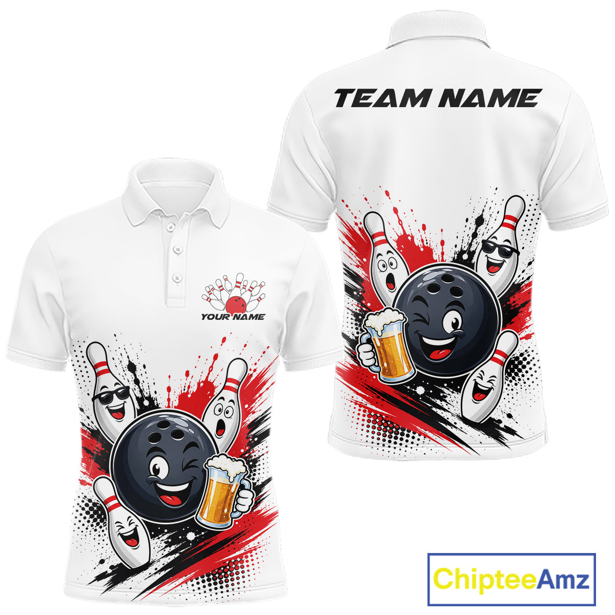 White short-sleeve polo shirt shown from the front and back, featuring a bowling-themed graphic with a cartoon bowling ball, bowling pins, and red/black paint splatter. The front has a small customizable chest logo reading 'YOUR NAME', and the back has 'TEAM NAME' printed across the shoulders.