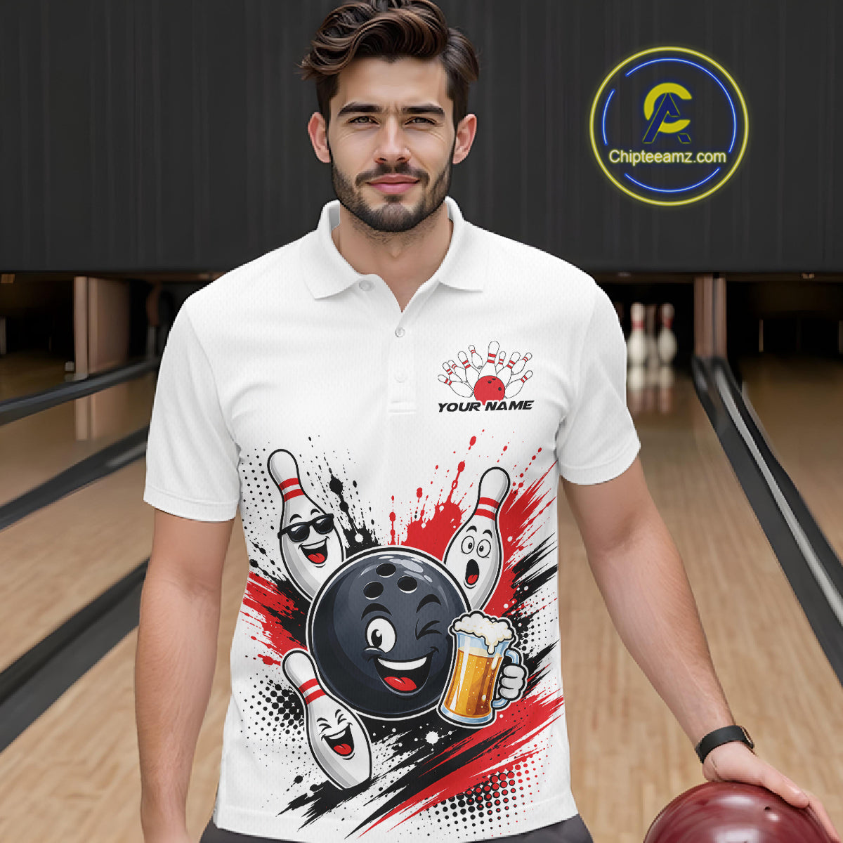 A man wearing a white short-sleeve polo shirt with a bowling-themed graphic print featuring a cartoon bowling ball, pins, and red paint splatters. 