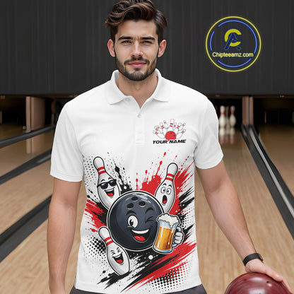 A man wearing a white short-sleeve polo shirt with a bowling-themed graphic print featuring a cartoon bowling ball, pins, and red paint splatters. 