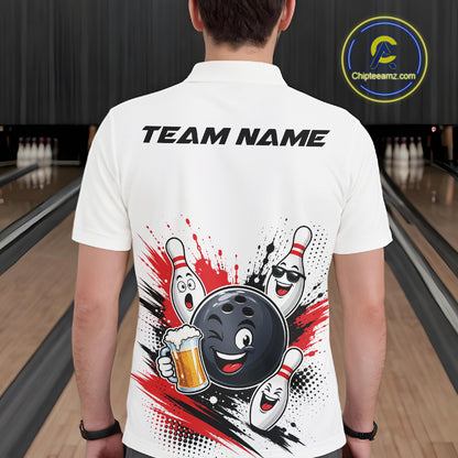 A white short-sleeve polo shirt shown from the back on a person standing in a bowling alley. The shirt features a large bowling-themed graphic with cartoon bowling pins, a smiling bowling ball, a beer glass, and red paint splatter, plus the text 'TEAM NAME' across the upper back.