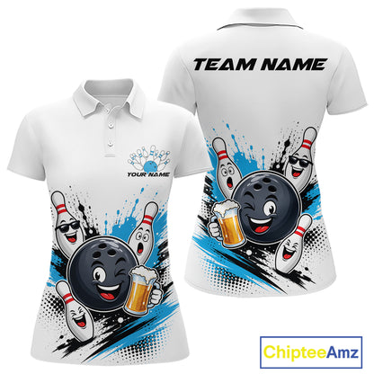 Womens white short-sleeve polo shirt shown from front and back with a bowling-themed cartoon graphic featuring a black bowling ball, white bowling pins, blue splash accents, and customizable text areas reading TEAM NAME and YOUR NAME. A ChipteeAmz logo appears in the bottom right corner.
