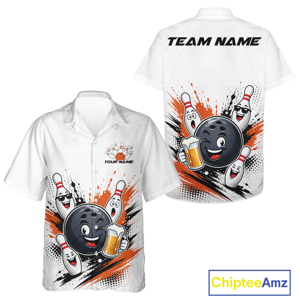 White short-sleeve button-up bowling shirt shown from the front and back on a light gray background. The front features a large cartoon bowling ball and bowling pins graphic with orange paint splatter and placeholder text 'YOUR NAME'; the back has 'TEAM NAME' 