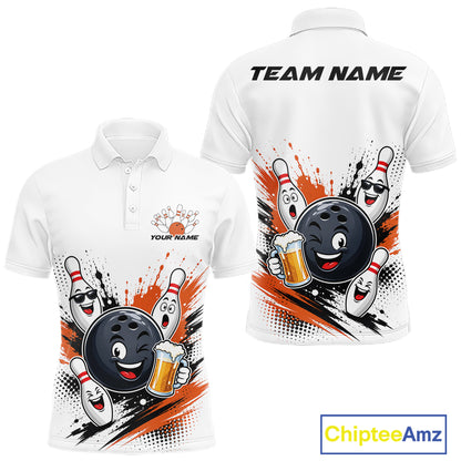 White short-sleeve polo shirt shown from front and back with a bowling-themed cartoon graphic in orange, black, white, and yellow. The front has a small chest print reading YOUR NAME, and the back has TEAM NAME.