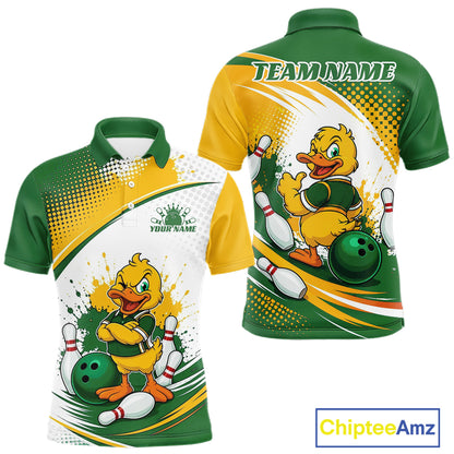 Custom Green And Yellow Funny Duck Bowling Team Men Polo Shirt, Bowling Jersey IPHW11857