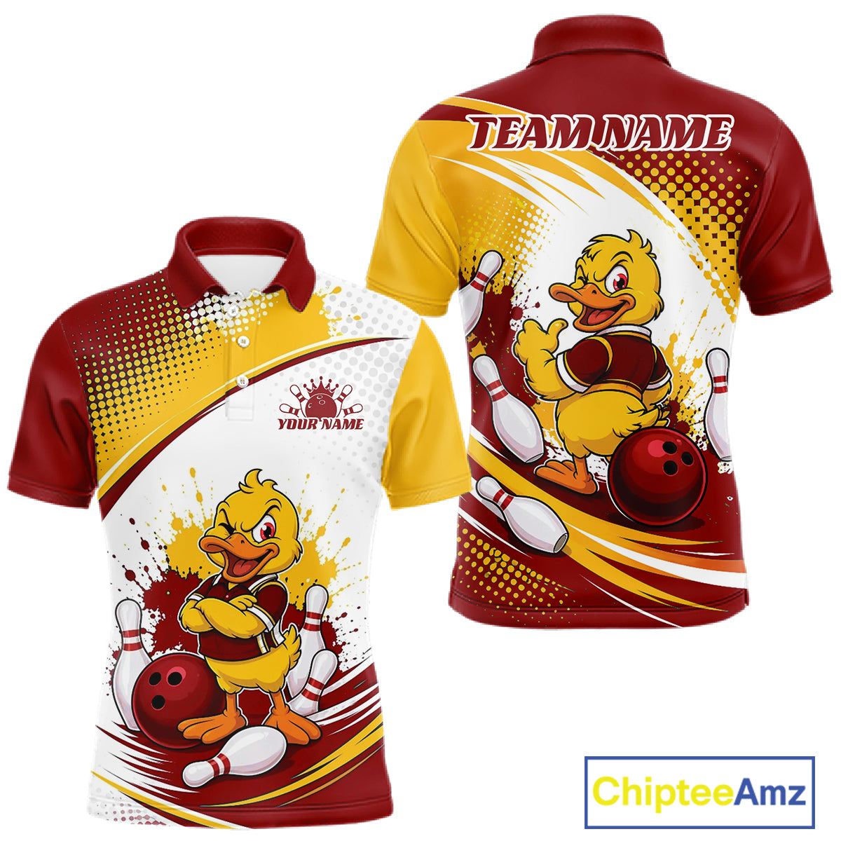 Custom short-sleeve polo shirt shown from the front and back, featuring a cartoon yellow duck mascot bowling with red, yellow, and white graphics and a customizable 'TEAM NAME' and 'YOUR NAME' print area.