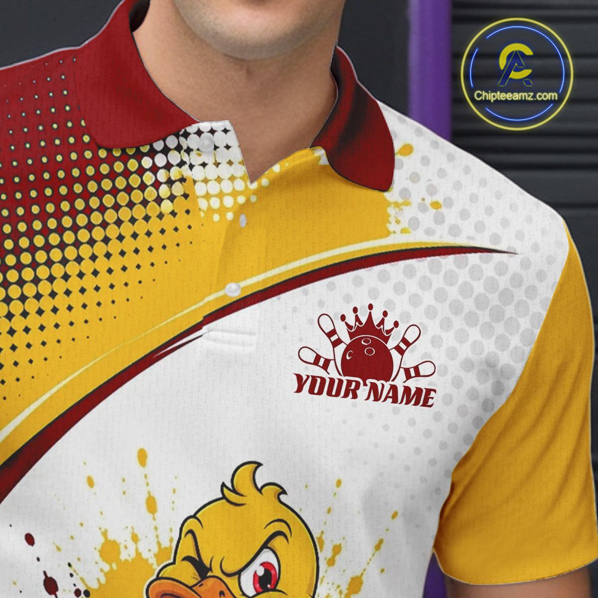 A close-up of a custom short-sleeve polo shirt worn by a model. The shirt features a white base with a yellow halftone dot pattern on the right side, a red collar, and a red bowling pin graphic with the text 'YOUR NAME' on the chest.