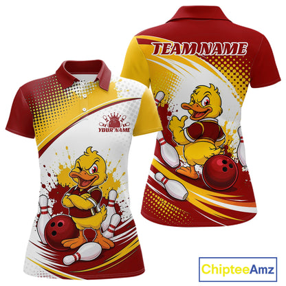 Front and back views of a custom short-sleeve polo shirt featuring a cartoon yellow duck bowling theme. The shirt has a red, yellow, and white color scheme with 'TEAMNAME' on the back and 'YOUR NAME' on the front.