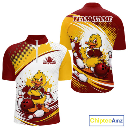 Custom Red And Yellow Funny Duck Bowling Team Men Quarter Zip Shirt, Bowling Jersey IPHW11858
