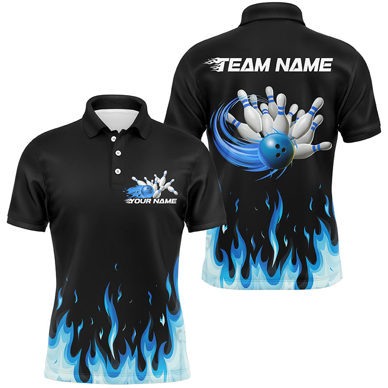 Custom Blue Flame Bowling Shirts For Men, Bowling Team Shirts With Name Bowling League Shirt IPHW7407