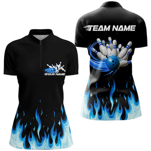 Custom Blue Flame Ladies Bowling Shirts, Bowling Team Shirts With Name Bowling League Shirt IPHW7407