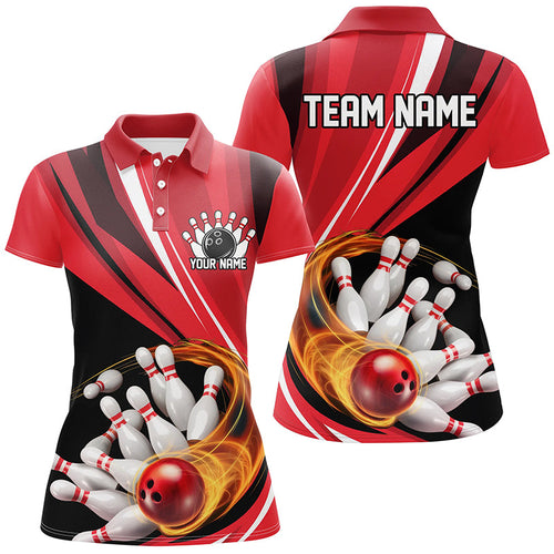 Custom Red Flame Ladies Bowling Shirts, Bowling League Bowling Team Shirts Bowlers Outfit IPHW7414