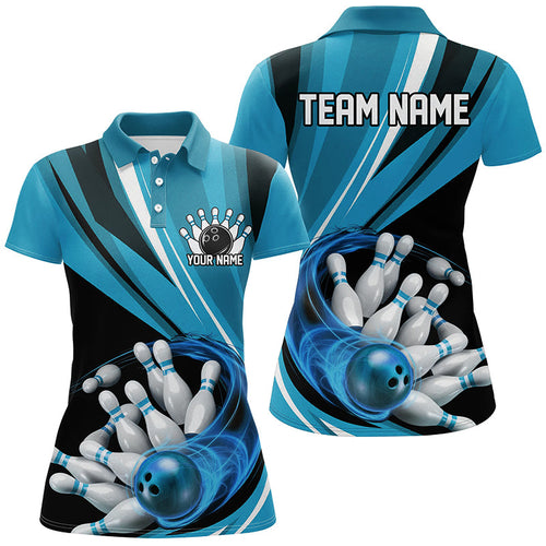 Custom Blue Flame Ladies Bowling Shirts, Bowling League Bowling Team Shirts Bowlers Outfit IPHW7415