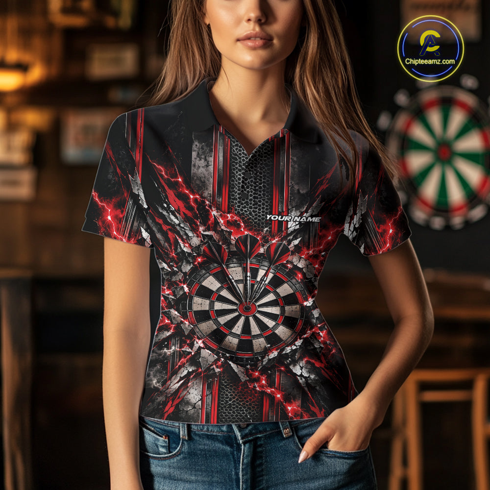 Custom Red Thunder Lightning Dartboard Dart Women Polo Team Shirt, Dart Jersey IPHW12540
