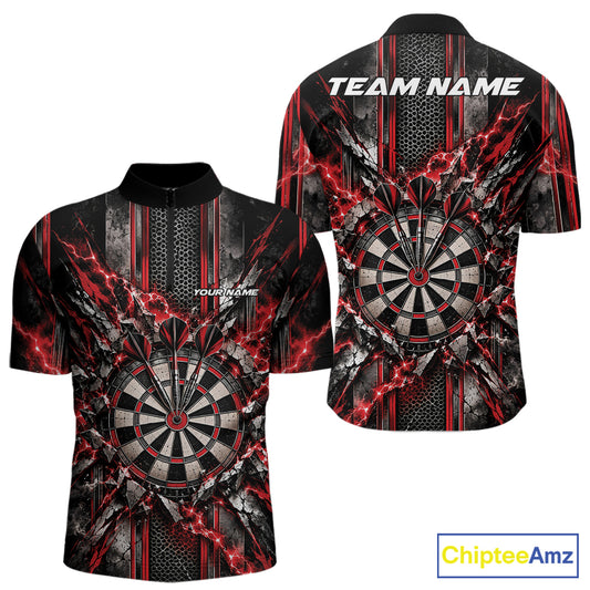 Custom Red Thunder Lightning Dartboard Dart Men Quarter Zip Team Shirt, Dart Jersey IPHW12540