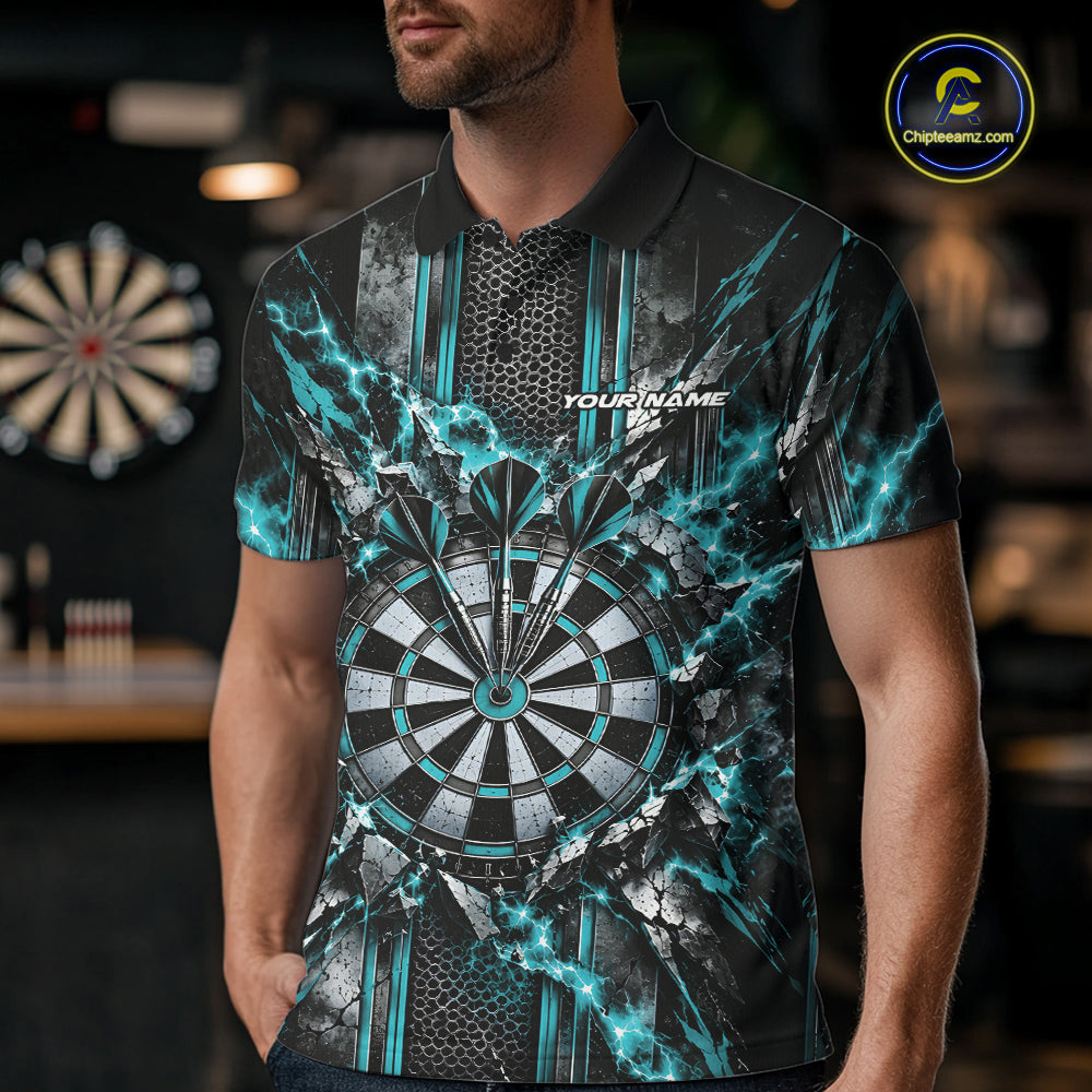 Custom Turquoise Thunder Lightning Dartboard Dart Men Polo Team Shirt, Dart Jersey IPHW12541