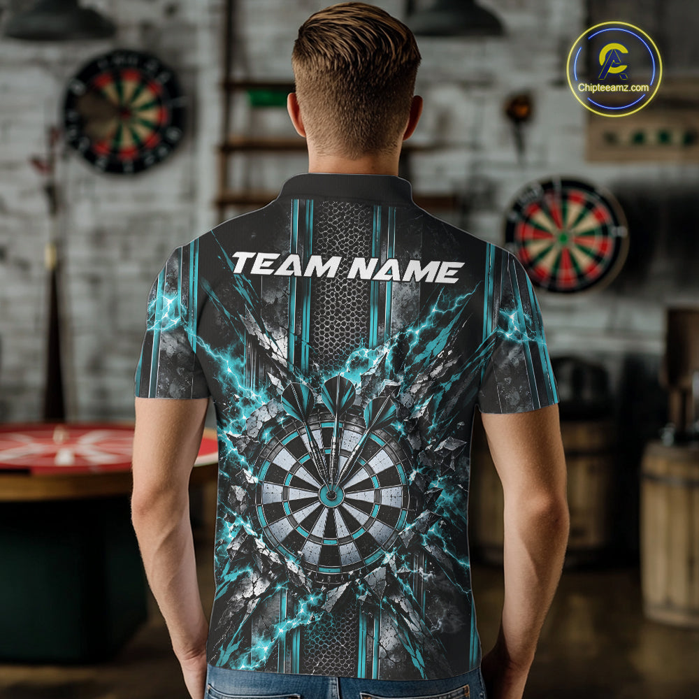 Custom Turquoise Thunder Lightning Dartboard Dart Men Polo Team Shirt, Dart Jersey IPHW12541
