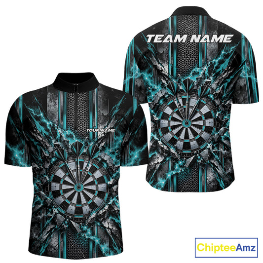 Custom Turquoise Thunder Lightning Dartboard Dart Men Quarter Zip Team Shirt, Dart Jersey IPHW12541