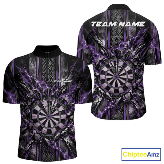 Custom Purple Thunder Lightning Dartboard Dart Men Quarter Zip Team Shirt, Dart Jersey IPHW12542