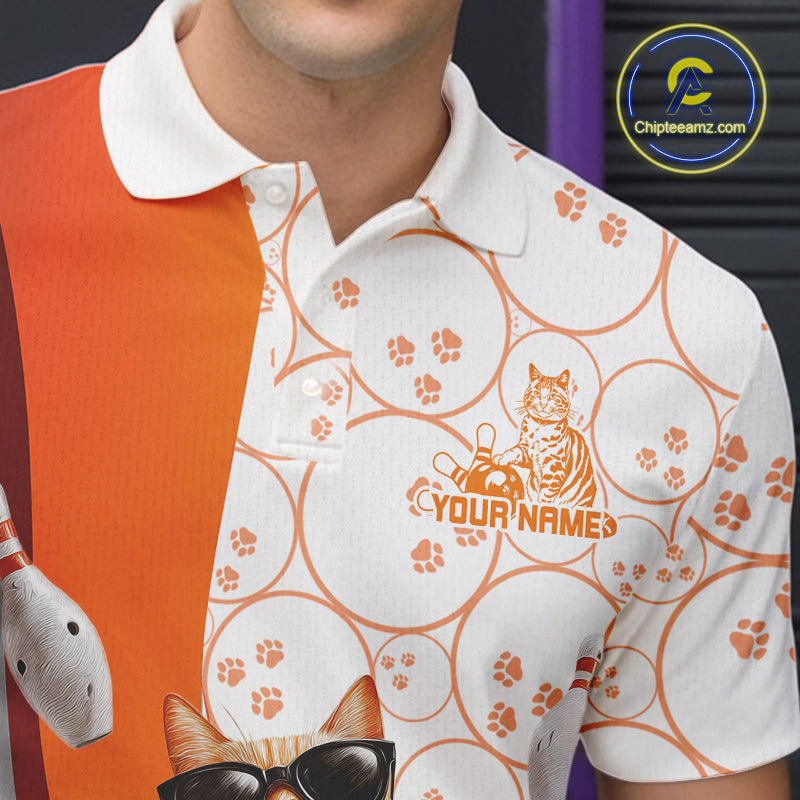 Custom Funny Smirk Orange Cat With Sunglasses Bowling Team Men Polo Shirts IPHW10104