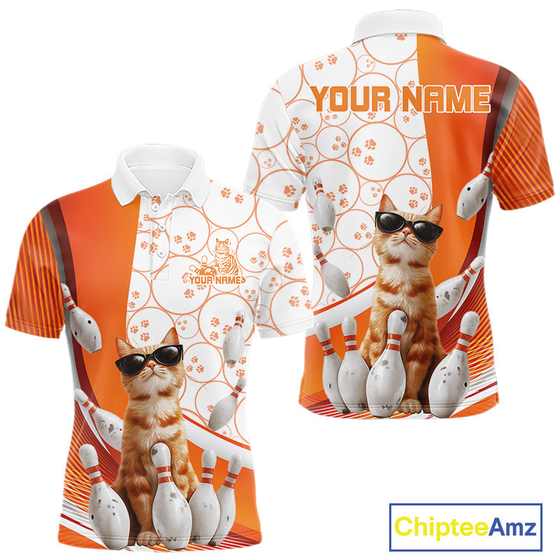 Custom Funny Smirk Orange Cat With Sunglasses Bowling Team Men Polo Shirts IPHW10104
