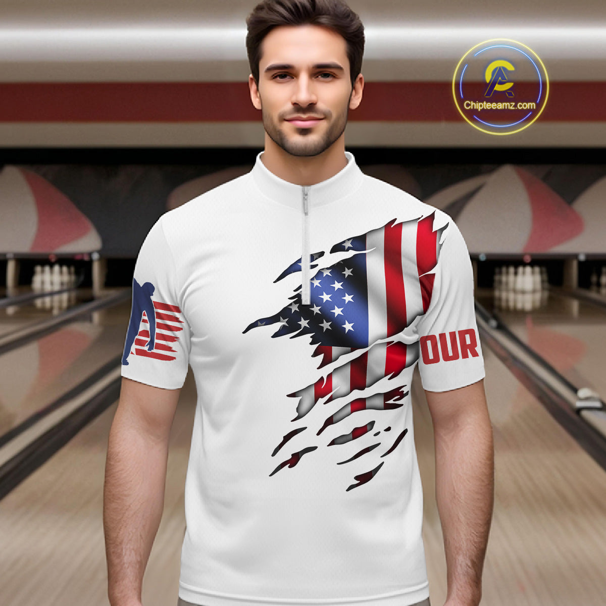 Quarter Zip Custom Mens Bowling Shirts, Customizable American Flag Bowling Pin Quarter Zip Shirt For Team IPHW3809